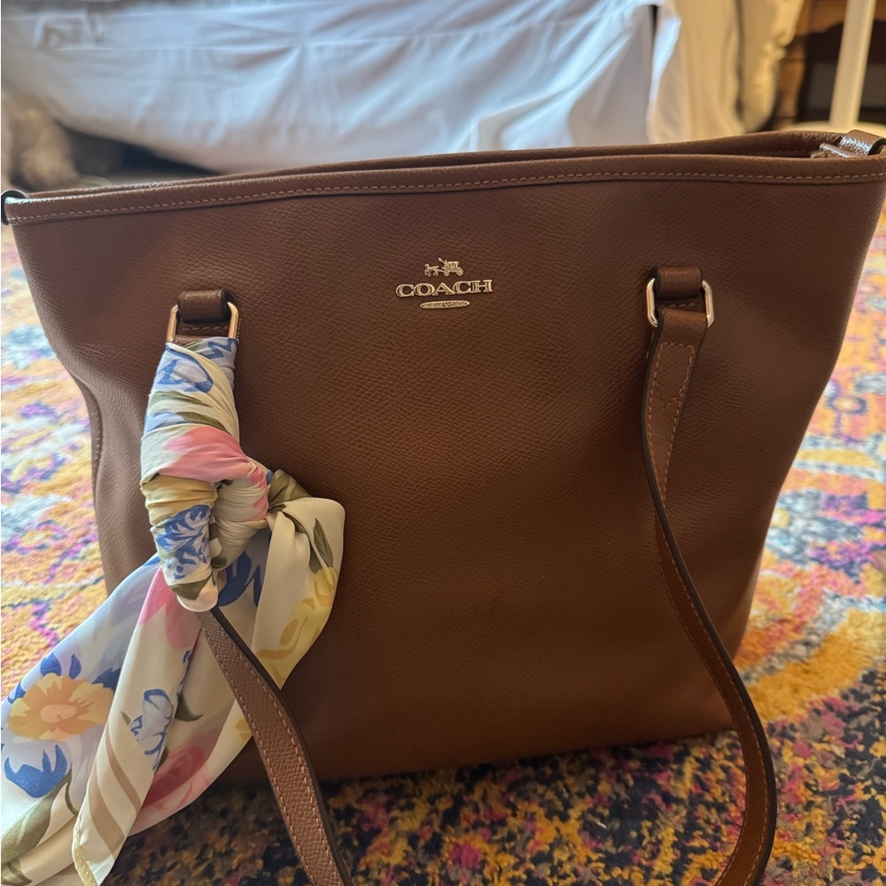 Coach Tan Leather Tote with Floral Scarf